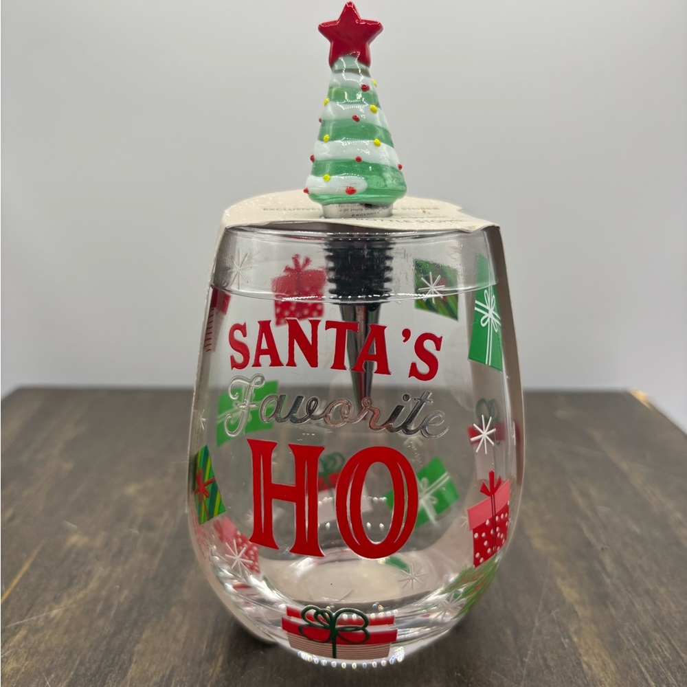 Holiday Wine Glass with Blown Glass Tree Wine Stopper